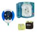 A defibrillator, pulse oximeter, and medical bag arranged on a surface, symbolizing emergency medical equipment.