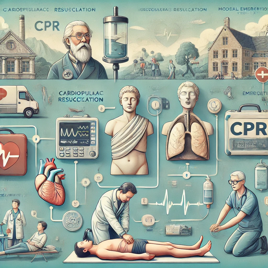 image illustrating the history of CPR, featuring a timeline of resuscitation techniques, an AED device, and a healthcare professional demonstrating CPR in various scenarios.