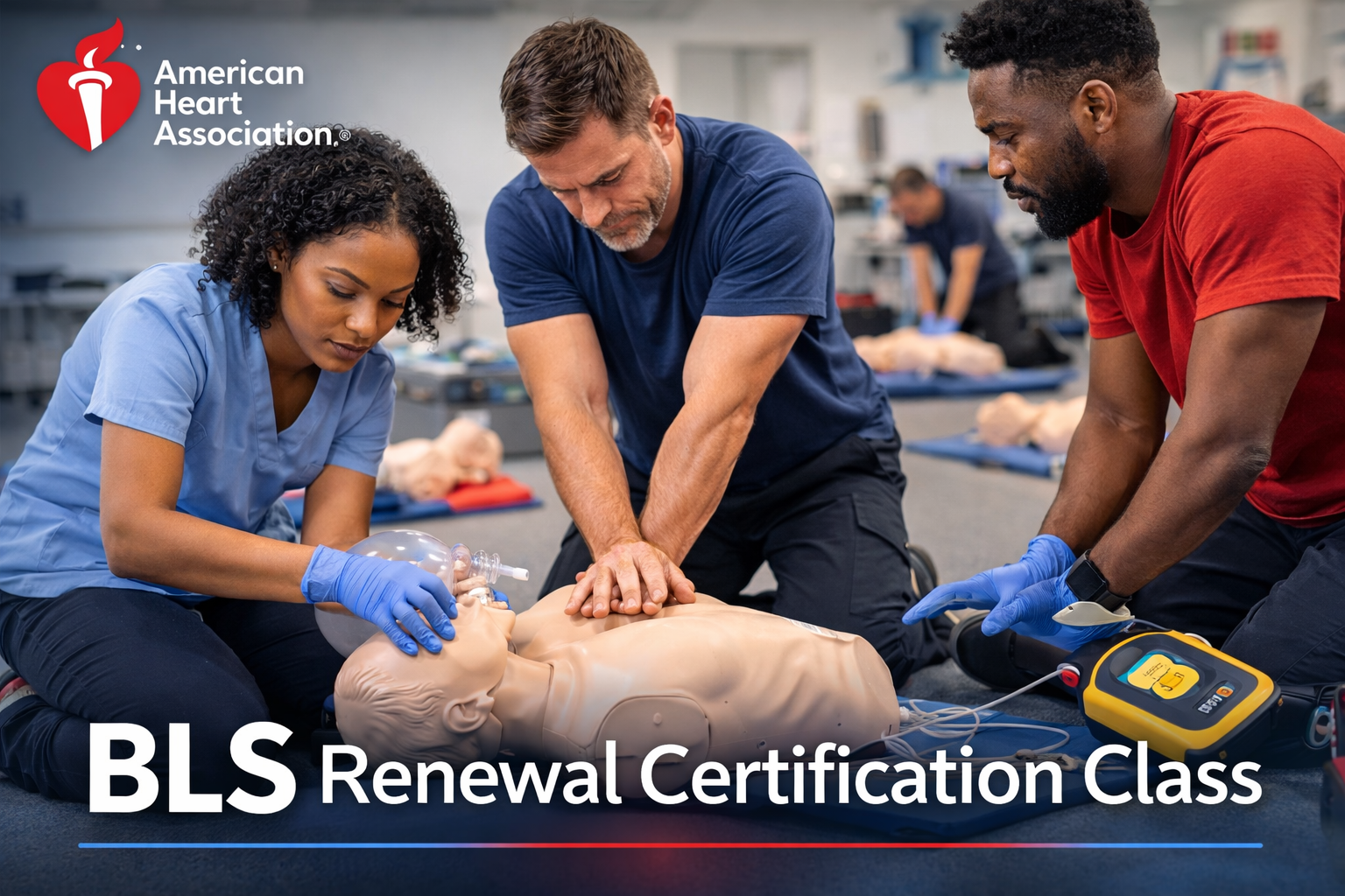 Students practicing CPR on mannequins during American Heart Association BLS Renewal Certification class with AED training