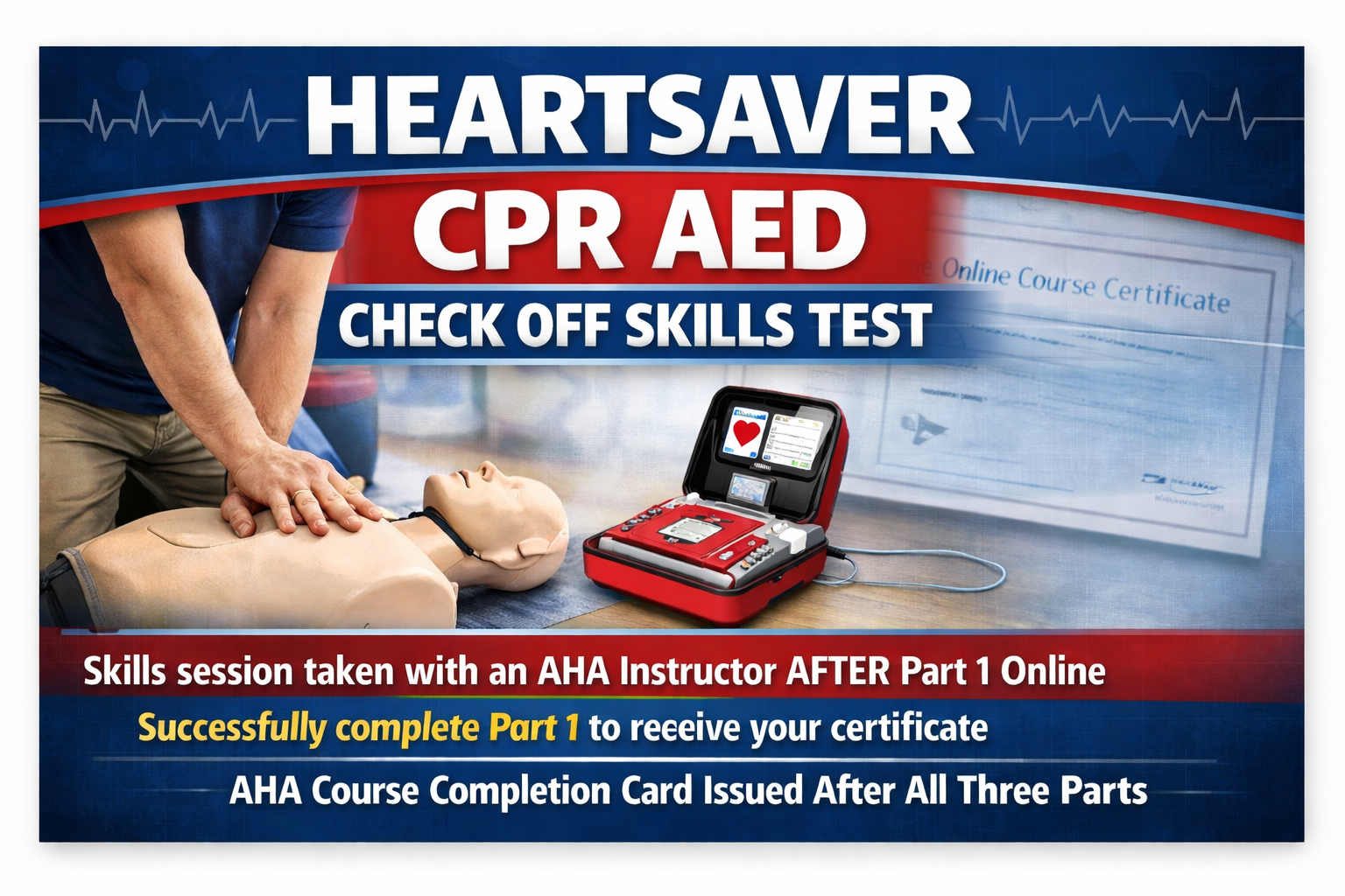 Heartsaver CPR AED skills check off training using CPR mannequin and AED device at Pulse CPR Augusta Georgia_Heartsaver First Aid CPR AED Certification in Augusta, GA