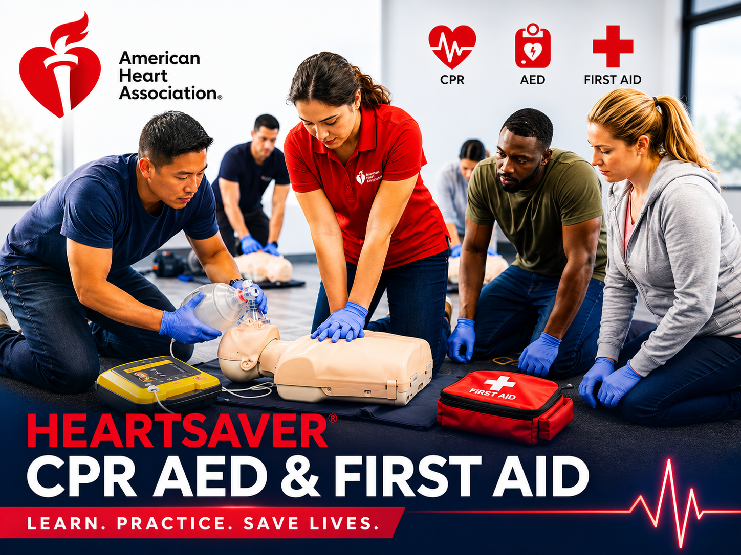 Modern American Heart Association Heartsaver CPR AED & First Aid training class with diverse students practicing CPR, AED use, and first aid skills on a manikin in a bright professional classroom setting.