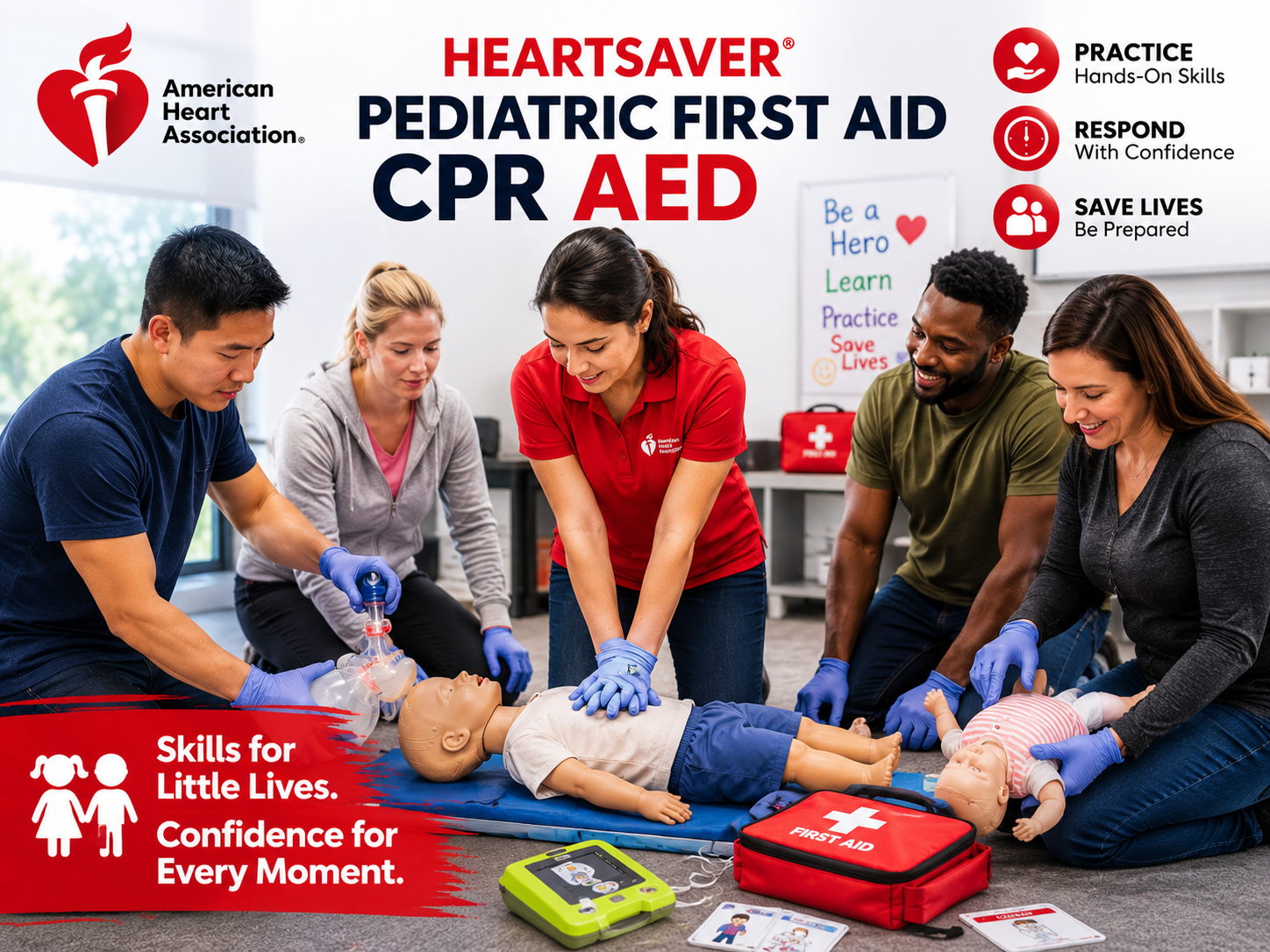American Heart Association Heartsaver Pediatric First Aid CPR AED training class with adults practicing infant and child CPR, AED use, and pediatric first aid skills on training manikins in a bright modern classroom.
