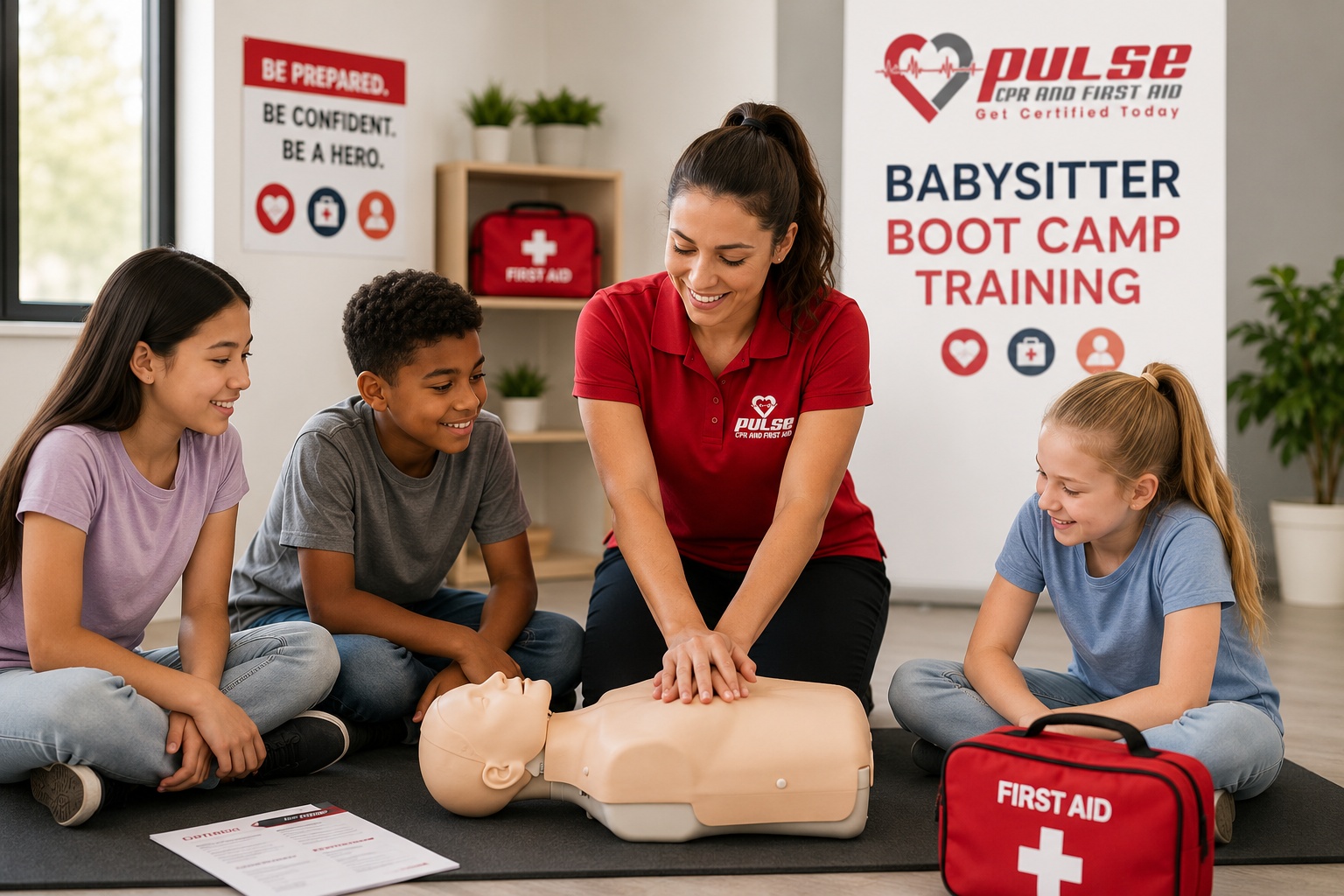 Pulse CPR instructor teaching CPR techniques to teens in Babysitter Boot Camp class Martinez Augusta GA